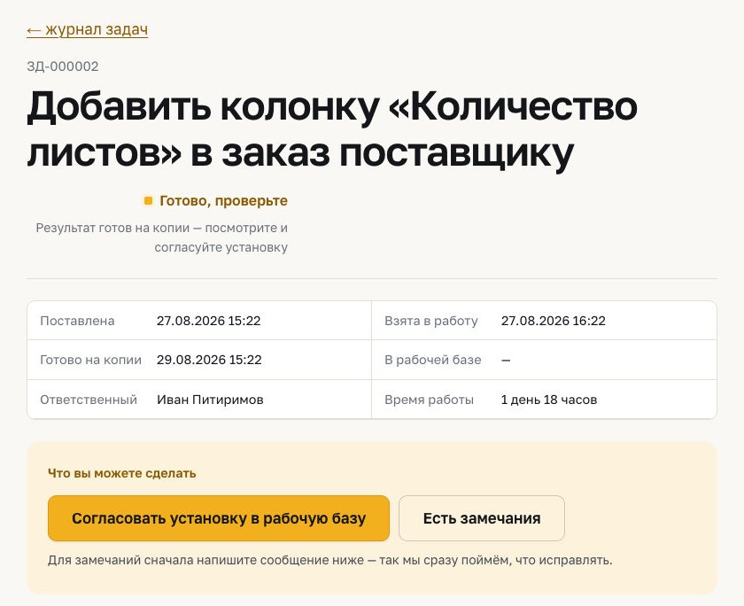 Карточка задачи «Добавить колонку „Количество листов“ в заказ поставщику»: статус «Готово, проверьте», даты постановки и готовности на копии, ответственный, кнопки «Согласовать установку в рабочую базу» и «Есть замечания»